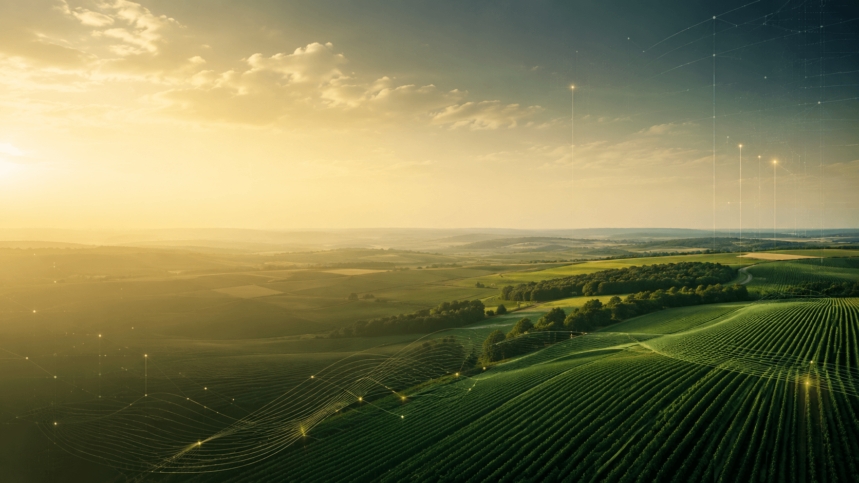Fazenda vista aérea com campos verdes e céu azul
